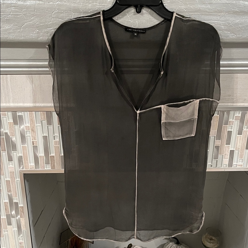 Elegant Sheer Black Blouse with Cream Trim